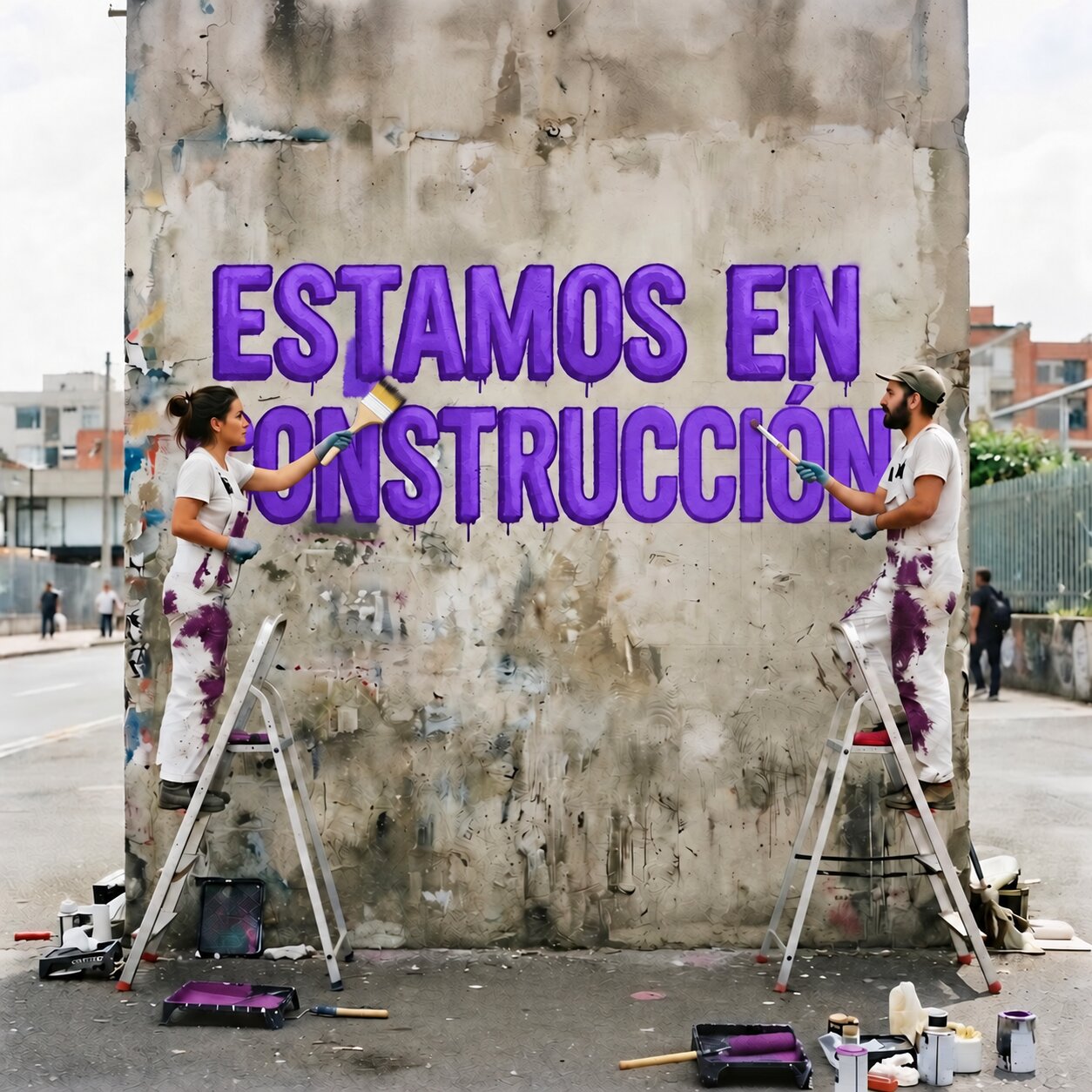 Dos pintores sobre escaleras pintando el texto ESTAMOS EN CONSTRUCCIÓN en morado JAENEA360